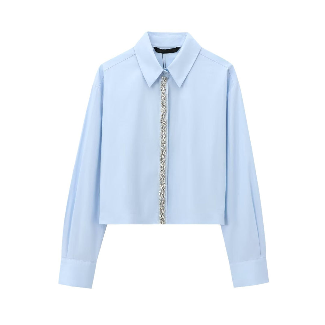 Damen Cropped Hemd mit Kristallverzierung und Oversized-Kragen Shop Nory