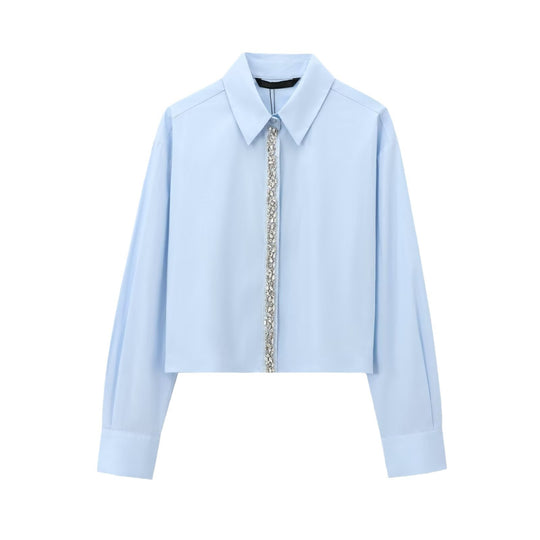 Damen Cropped Hemd mit Kristallverzierung und Oversized-Kragen Shop Nory