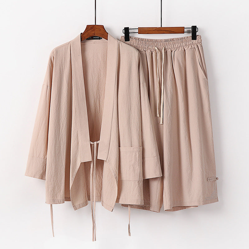 Damen Zen-Kimono-Lounge-Set aus atmungsaktivem Baumwollmix mit Bindebandjacke und weiten Culotte-Hose Shop Nory
