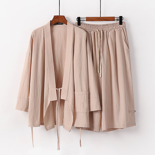 Damen Zen-Kimono-Lounge-Set aus atmungsaktivem Baumwollmix mit Bindebandjacke und weiten Culotte-Hose Shop Nory