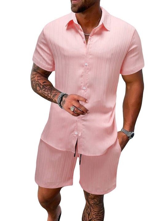 Herren nan luftiges Kurzarm-Hemd mit offenem Revers und passender Freizeishorts aus strukturierter Baumwollmischung Shopnory