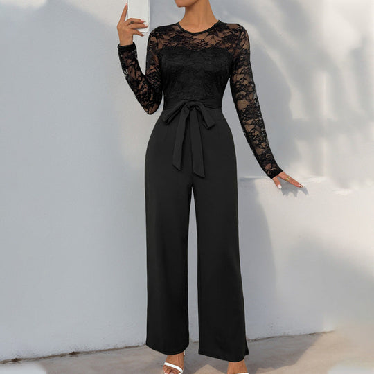 Damen Eleganter Jumpsuit mit Spitzenoberteil und tailliertem Bund