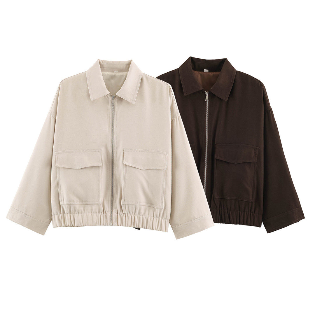 Damen Boxy Cropped Utility-Jacke mit Reißverschluss Pattentaschen und elastischem Saum Shop Nory