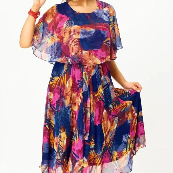 Damen Chiffon Midi Kleid mit capa Ärmeln und elastischem Taillenbund Shop Nory