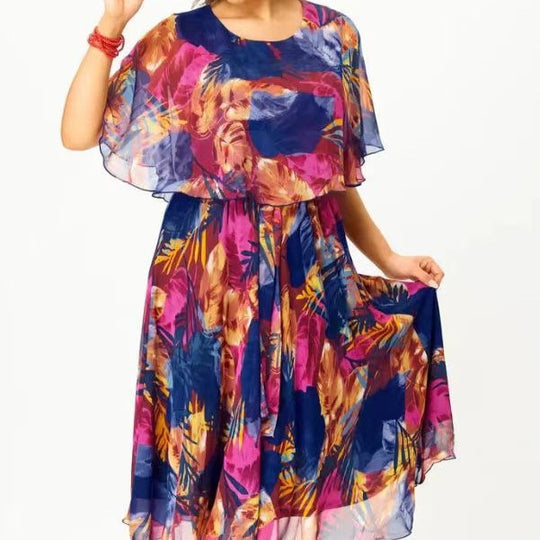 Damen Chiffon Midi Kleid mit capa Ärmeln und elastischem Taillenbund Shop Nory