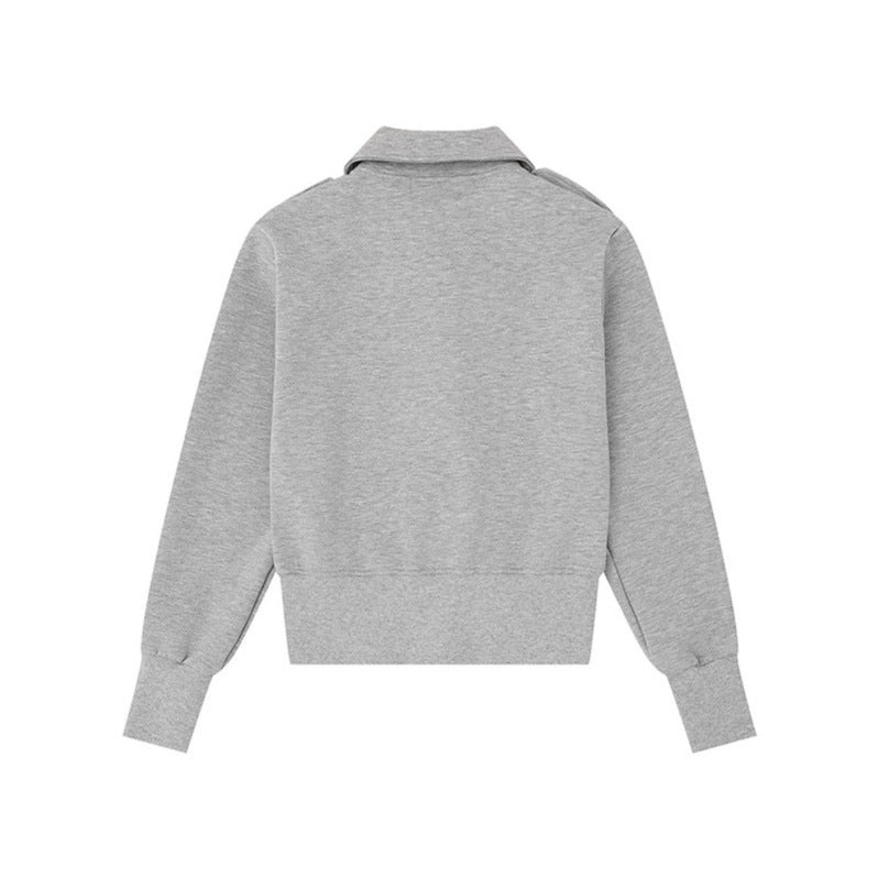 Damen Kurz geschnittene Sweatjacke mit Hemdkragen Schulterklappen und Lederpatch Shop Nory
