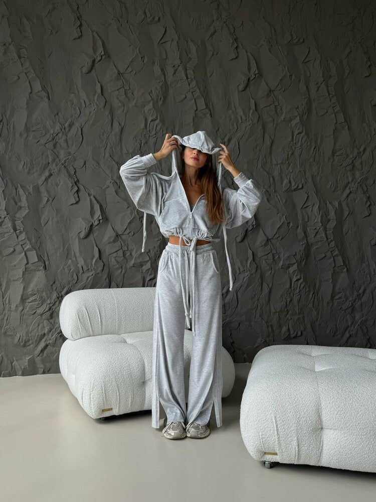 Damen Cropped Kapuzenjacke mit Kordelzug und weitem Split-Hose Lounge-Set Shop Nory