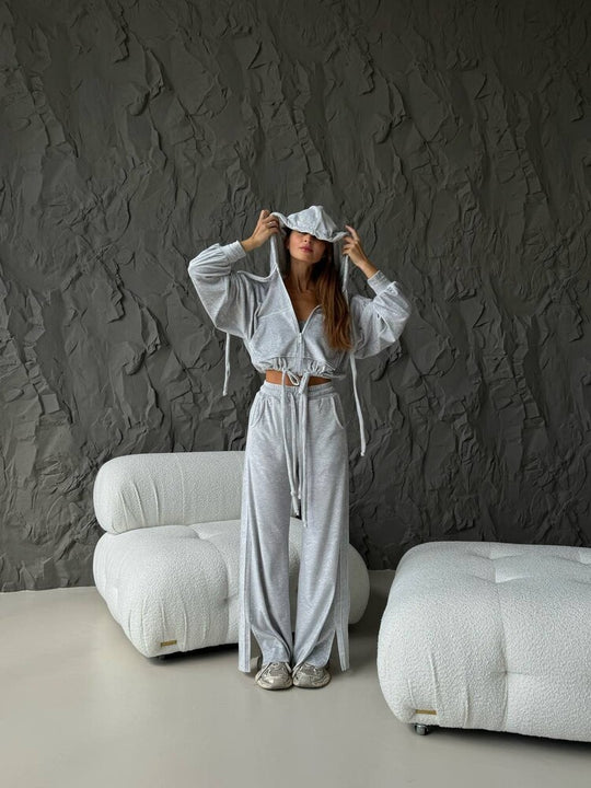 Damen Cropped Kapuzenjacke mit Kordelzug und weitem Split-Hose Lounge-Set Shop Nory