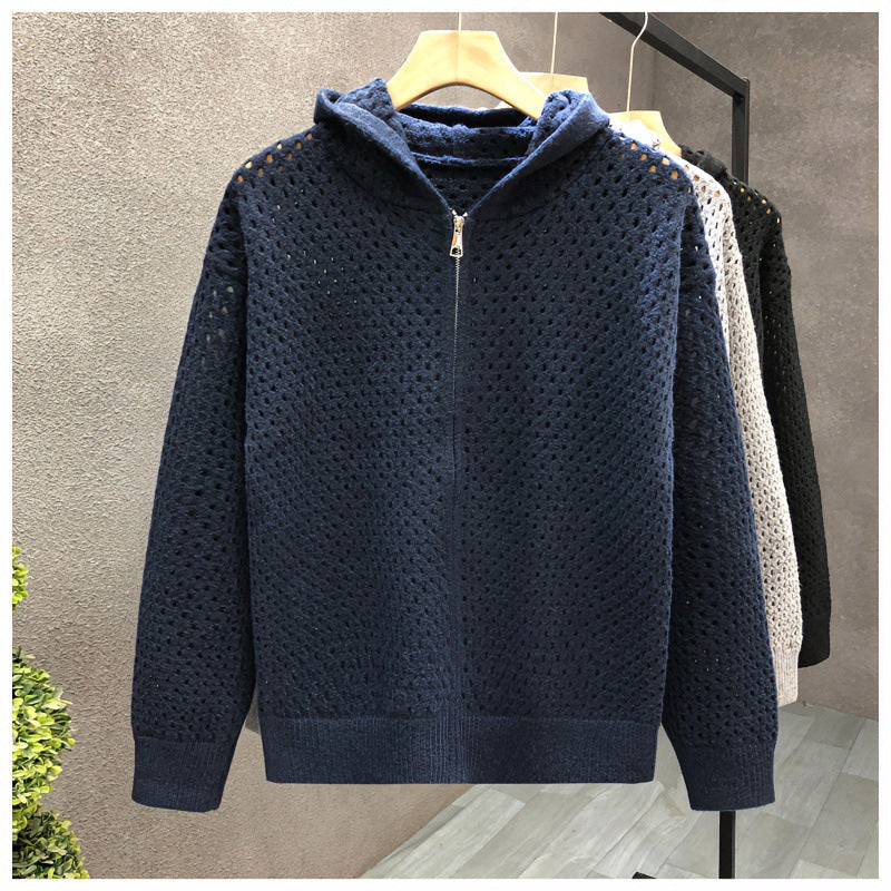 Unisex Leichte Lochstrick-Kapuzenzipjacke mit Ajourmuster Shop Nory