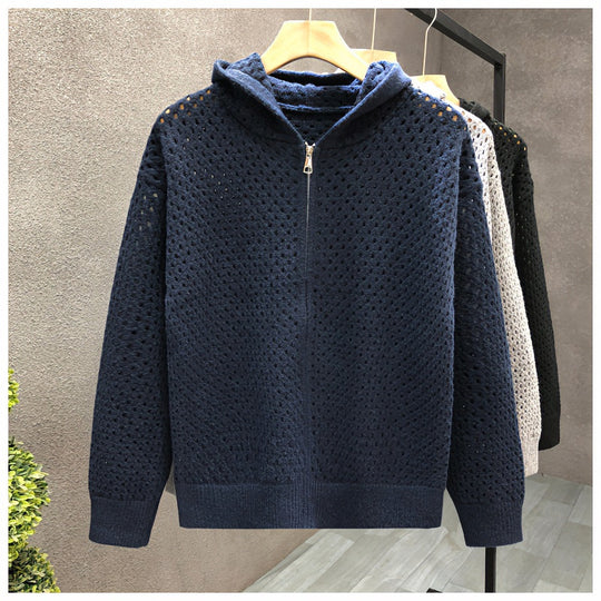 Unisex Leichte Lochstrick-Kapuzenzipjacke mit Ajourmuster Shop Nory