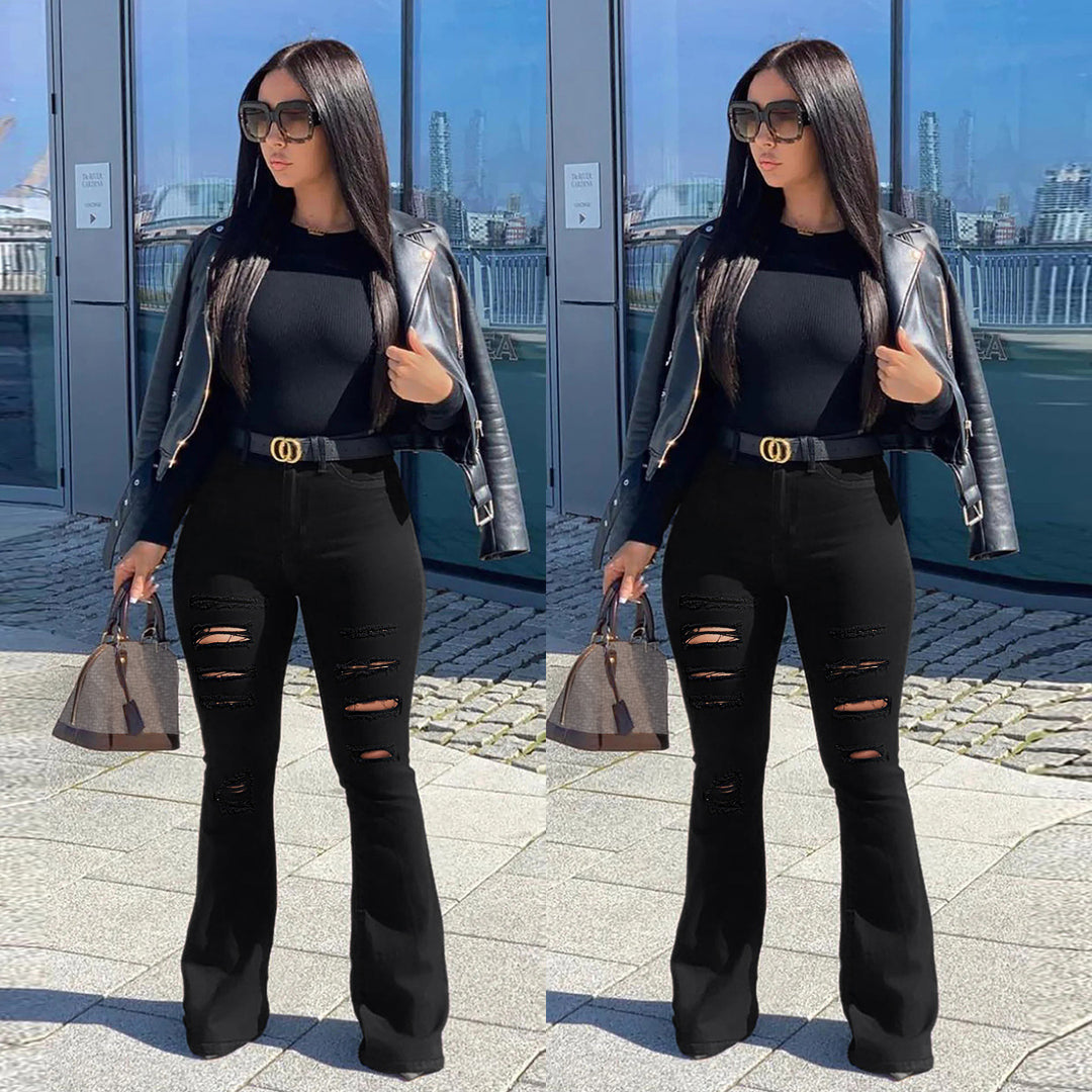 Damen hochtaillierte Flared-Jeans mit Destroyed-Rissen und sculptendem Stretchschnitt Shop Nory
