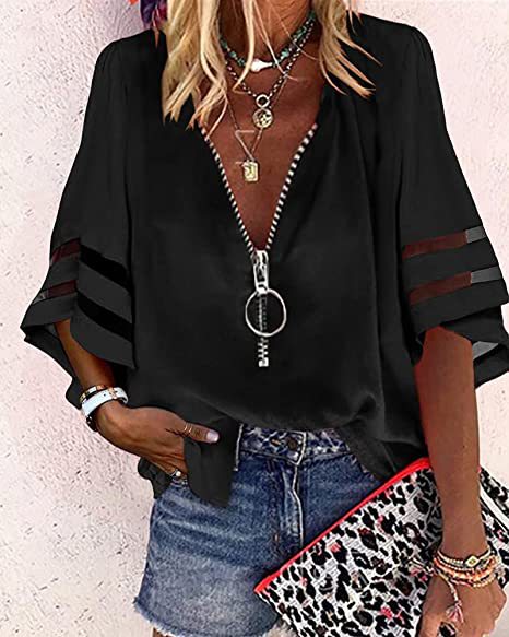 Damen V‑Ausschnitt Bluse mit dekorativem Ringreißverschluss und Cut-Out-Ärmeln Shop Nory