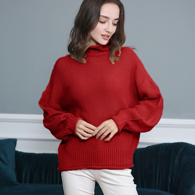 Damen Grobgestrickter Rollkragenpullover mit Ballonärmeln Shop Nory