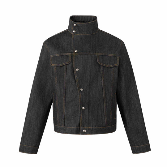 Unisex Kurz geschnittene Denimjacke mit hohem Stehkragen und Ziernähten Shop Nory