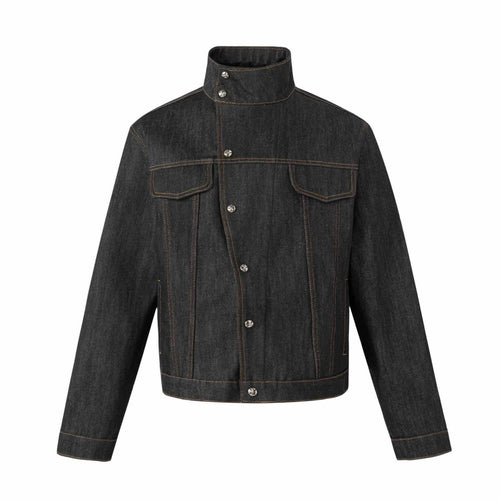 Unisex Kurz geschnittene Denimjacke mit hohem Stehkragen und Ziernähten Shop Nory