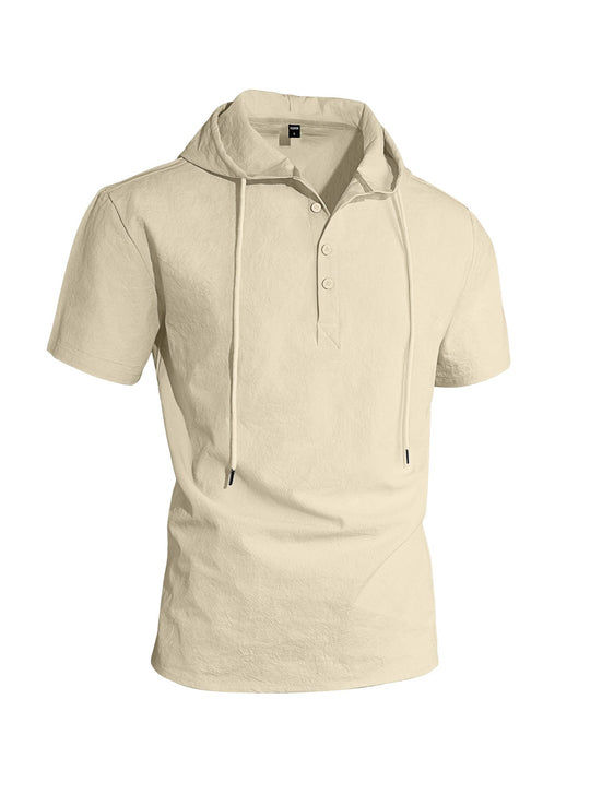 Herren nan kurzärmeliges Kapuzen-Henley aus Slub-Baumwolle mit verdeckter Knopfleiste und Kordelzug