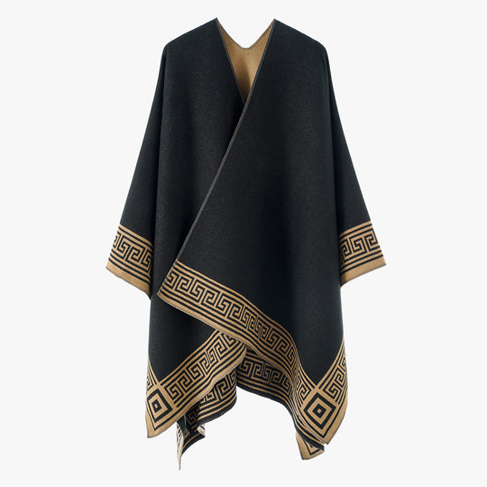 Damen Poncho‑Cape mit griechischer Bordüre, V‑Ausschnitt und kastigem Oversize‑Schnitt Shop Nory