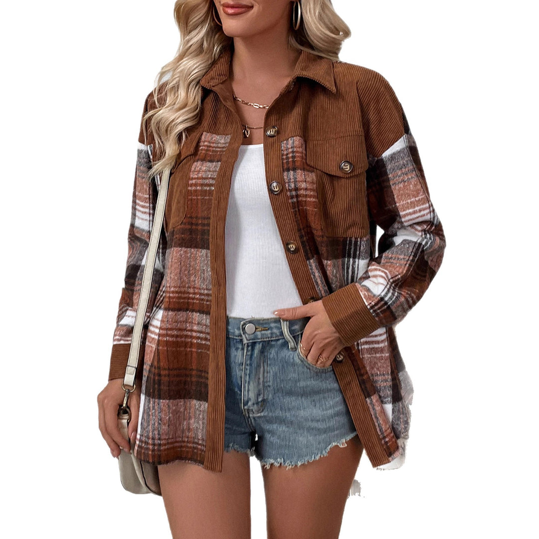Damen Karierte Hemdjacke mit Cordbesatz und Oversize-Schnitt Shop Nory