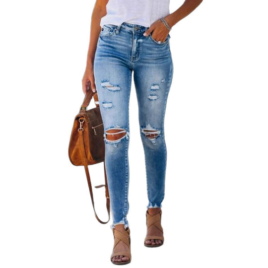 Damen Skinny Jeans mit modischen Rissen und hoher Taille