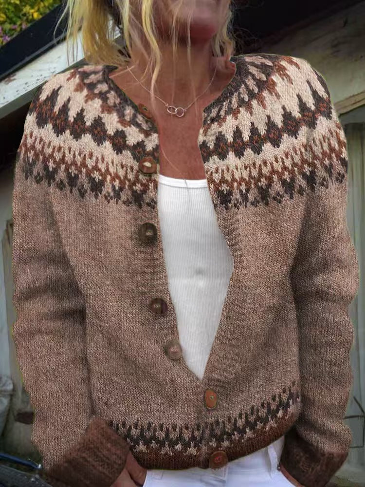 Damen nan gemusterte Strickjacke mit Rundpasse, Holzknöpfen und Eingrifftaschen Shop Nory