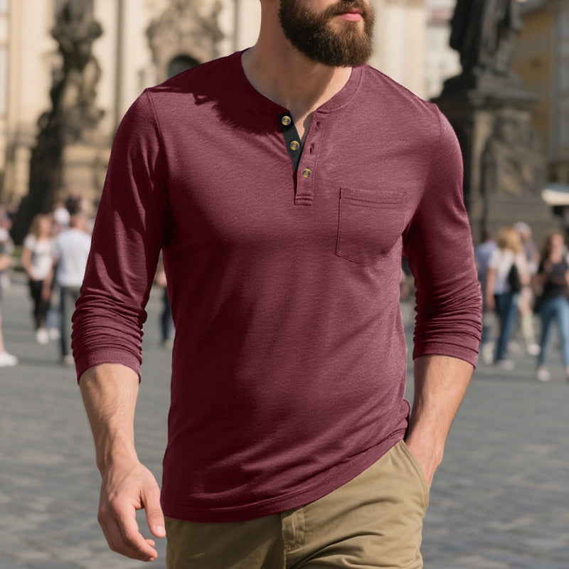 Herren Langarm-Henley-Shirt aus weichem Baumwollmix mit praktischer Brusttasche