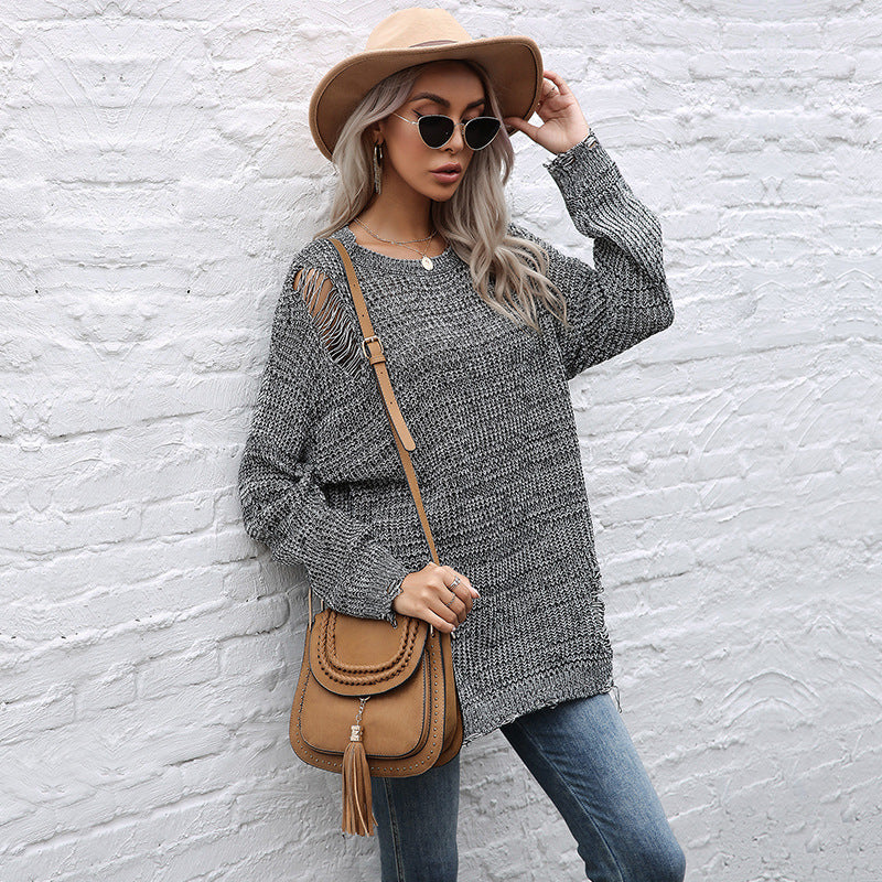 Damen Grobgestrickter Oversize-Pullover mit offenen Maschen, rohem Saum und Rundhalsausschnitt Shop Nory