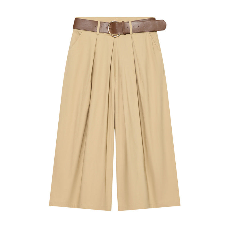 Damen Hochtaillierte Culotte-Hose mit weitem Bein, Kellerfalten und Rundbuckel-Gürtel Shop Nory