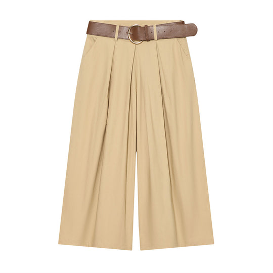 Damen Hochtaillierte Culotte-Hose mit weitem Bein, Kellerfalten und Rundbuckel-Gürtel Shop Nory