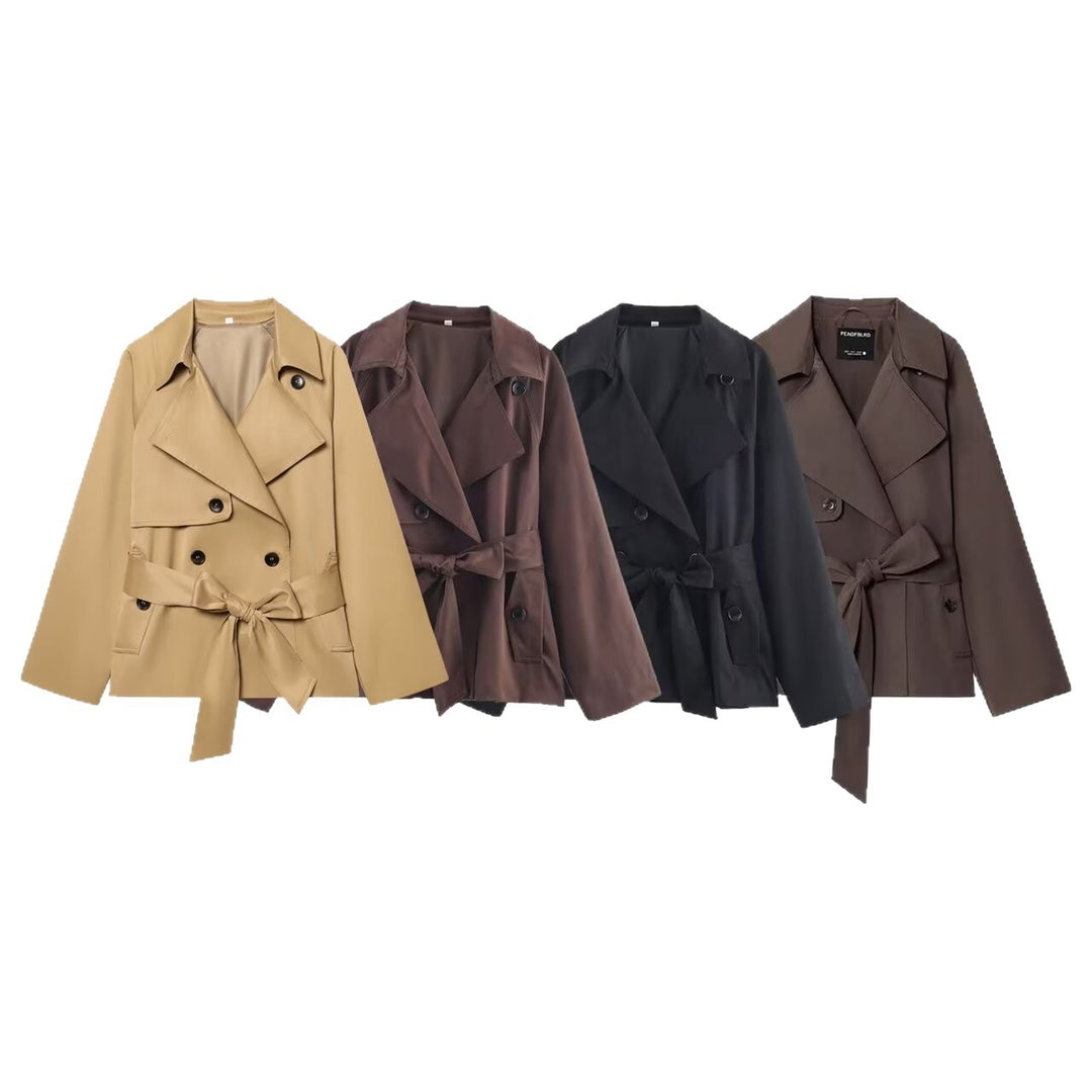 Damen Gekürzte Taillengürtel-Trenchjacke mit breitem Revers und Pattentaschen Shop Nory