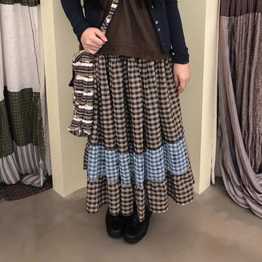 Damen nan mehrlagiger Baumwoll-Stufenrock mit elastischem Taillenbund, kontrastierendem Gingham-Band und Volant Shop Nory