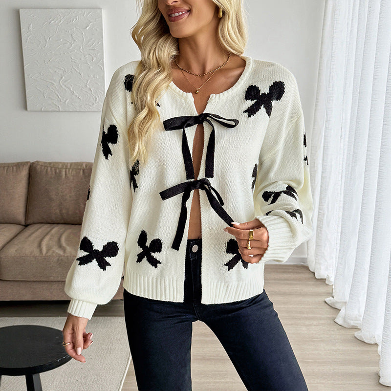 Damen Strickcardigan mit Schleifen‑Intarsien und Zierschleifenverschluss Shop Nory