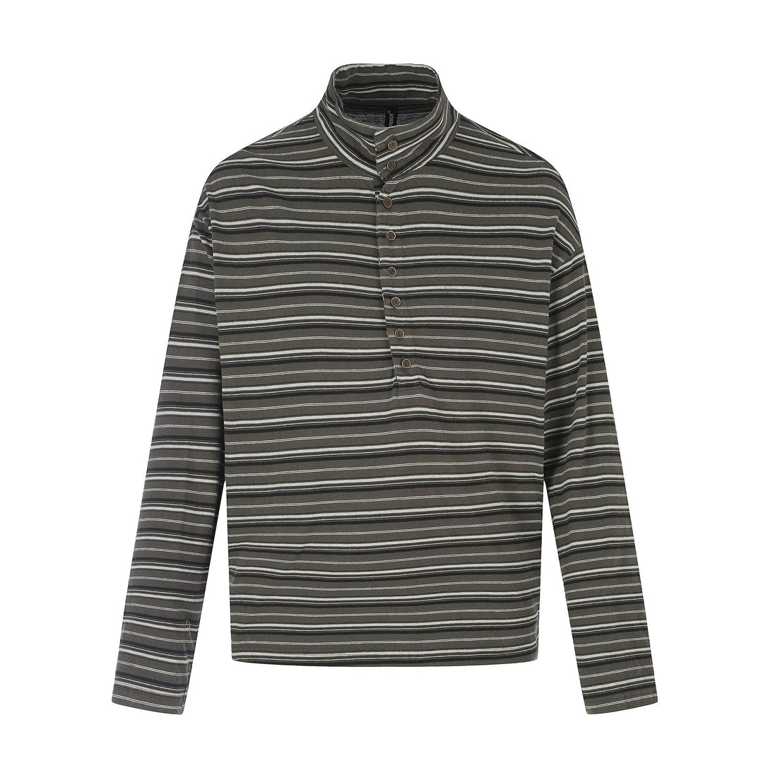 Herren Feines Streifen-Henley mit hohem Stehkragen, durchgehender Knopfleiste und kastigem Schnitt Shop Nory