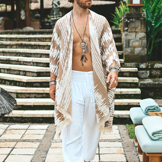 Herren Leichter Ethno-Strandkaftan mit V-Ausschnitt und Fransen Shop Nory