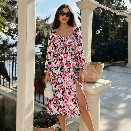 Damen Midikleid mit Smok-Oberteil, Quadratausschnitt, langen Ballonärmeln und seitlichem Beinschlitz Shop Nory