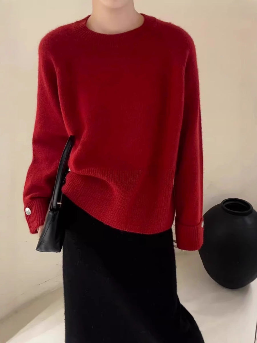 Damen Oversize-Rundhalspullover mit verlängerten Manschetten und Zierknopf Shop Nory