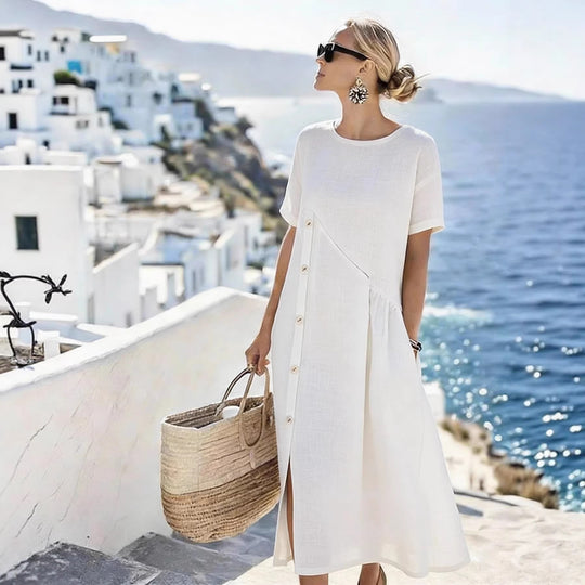 Damen Luftiges Sommerkleid mit seitlicher Knopfleiste, kurzen Ärmeln und Schlitz Shop Nory