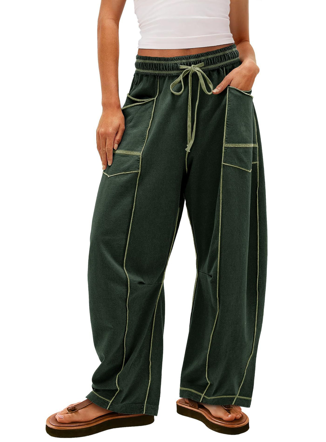 Damen weite Cargo-Loungehose mit elastischem Bund und Kontrastnähten Shop Nory
