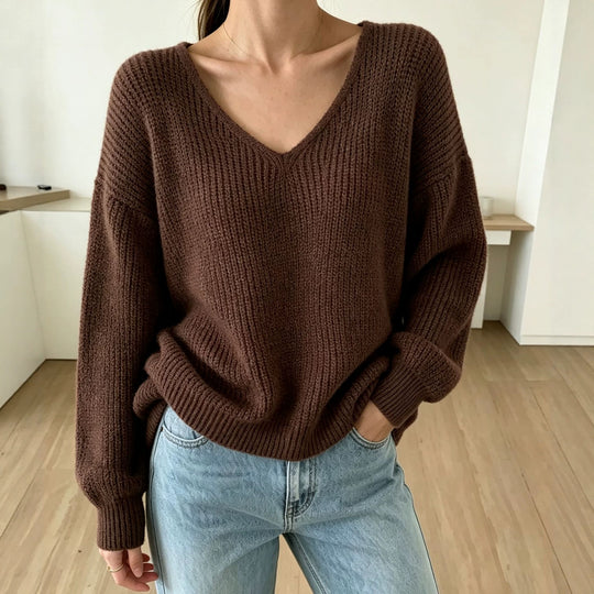 Damen Lässiger Boxy-Grobstrickpullover mit V-Ausschnitt und gerippten Bündchen Shop Nory