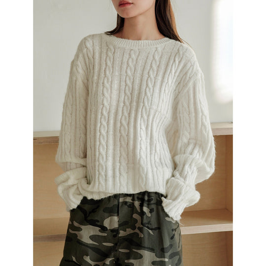 Damen Grobgestrickter Oversize-Zopfpullover mit Rundhalsausschnitt Shop Nory