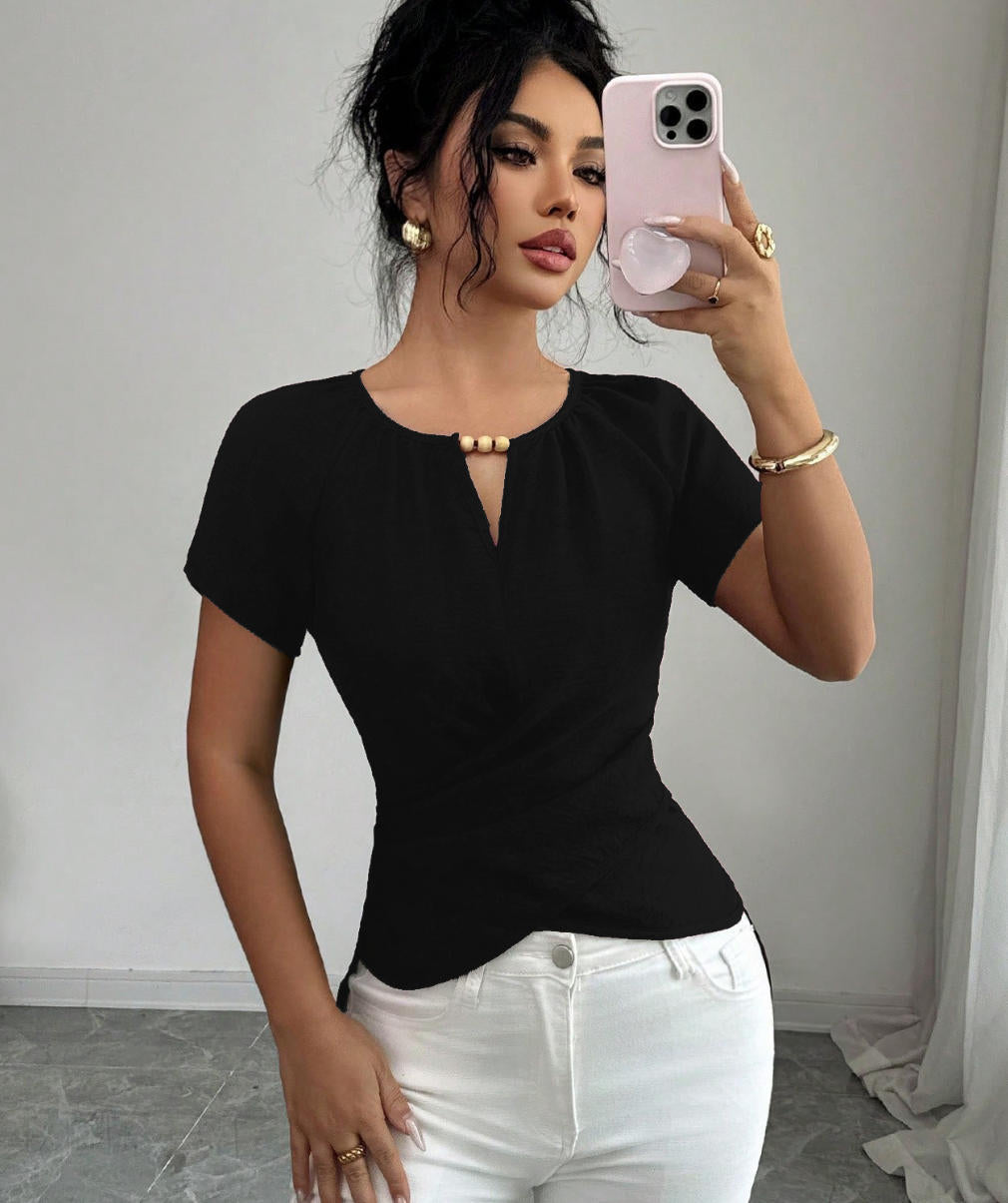 Damen Tailliertes Leinenoptik-Top mit Schlüsselöffnung, Perlen-Detail und Drapierung Shop Nory