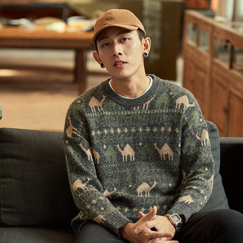 Herren Strickpullover mit Kamel-Jacquardmuster und geripptem Saum Shop Nory