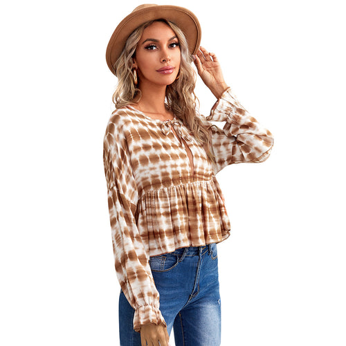 Damen luftiges Peplum-Blusenshirt mit Batikmuster, Kordel‑Neckline und gerafften Ärmeln Shop Nory