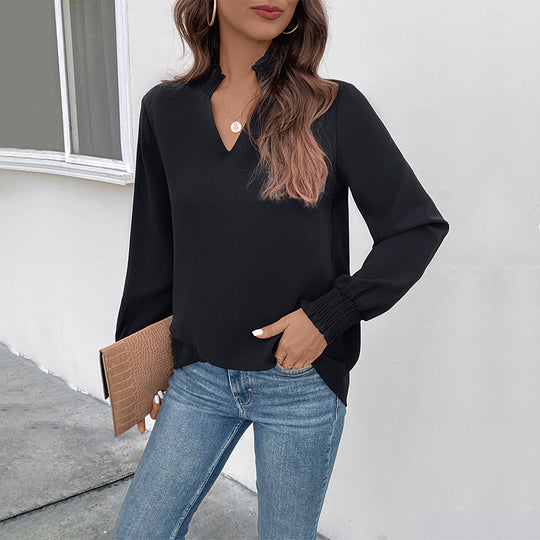 Damen Lockeres V-Ausschnitt-Blusenshirt mit Smokmanschetten und geradem Saum Shop Nory
