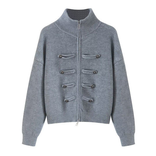 Damen Strickjacke mit Stehkragen, Reißverschluss und dekorativen Knotenblenden Shop Nory