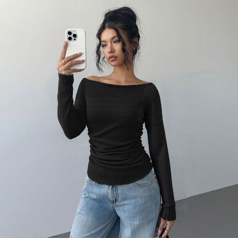 Damen schulterfreies geripptes Langarmshirt mit taillierter Raffung und figurbetontem Stretch Shop Nory