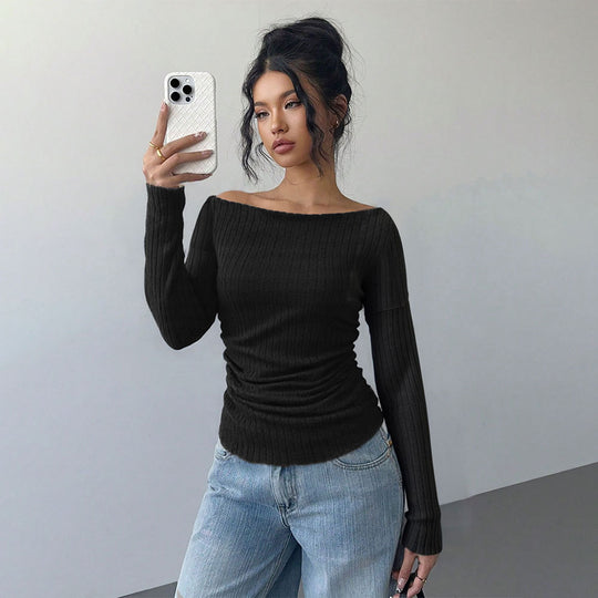 Damen schulterfreies geripptes Langarmshirt mit taillierter Raffung und figurbetontem Stretch Shop Nory