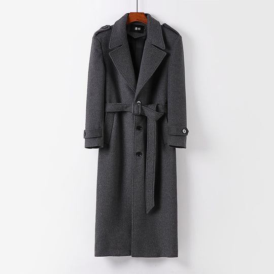 Herren Maxilanger einreihiger Wollmantel mit Schalkragen Schulterpatten und Bindegürtel Shop Nory