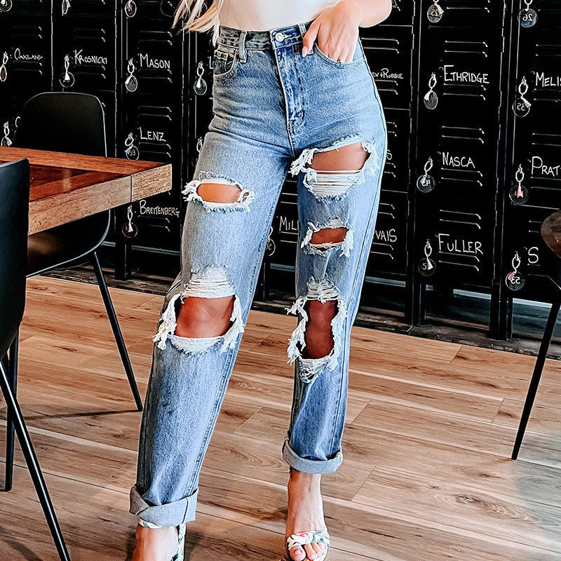 Damen Destroyed Boyfriend Jeans im lässigen Schnitt mit hohem Bund