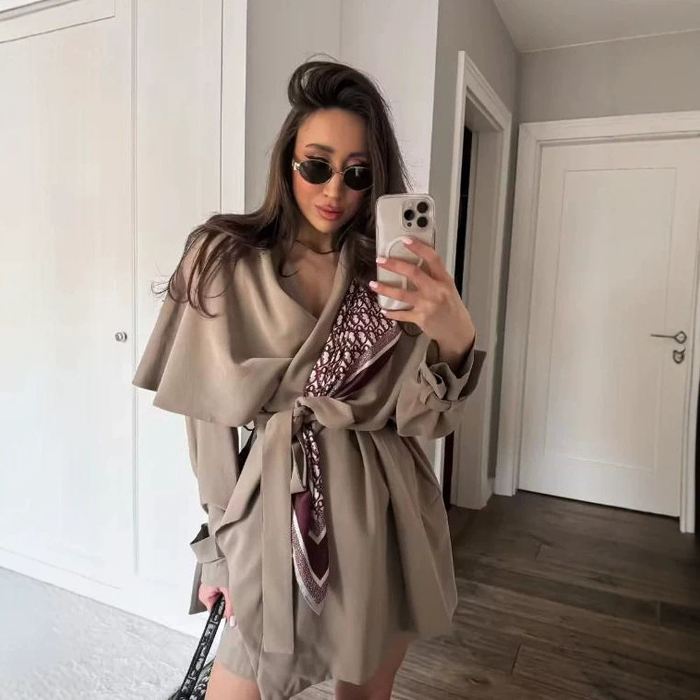 Damen Kurzer Asymmetrischer Wickelmantel mit Volant-Overlay und Bindegürtel Shop Nory