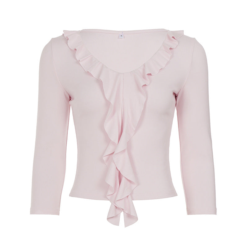 Damen nan tailliertes Langarmshirt mit tiefem V-Ausschnitt und eingesetzter Volant-Rüsche Shop Nory